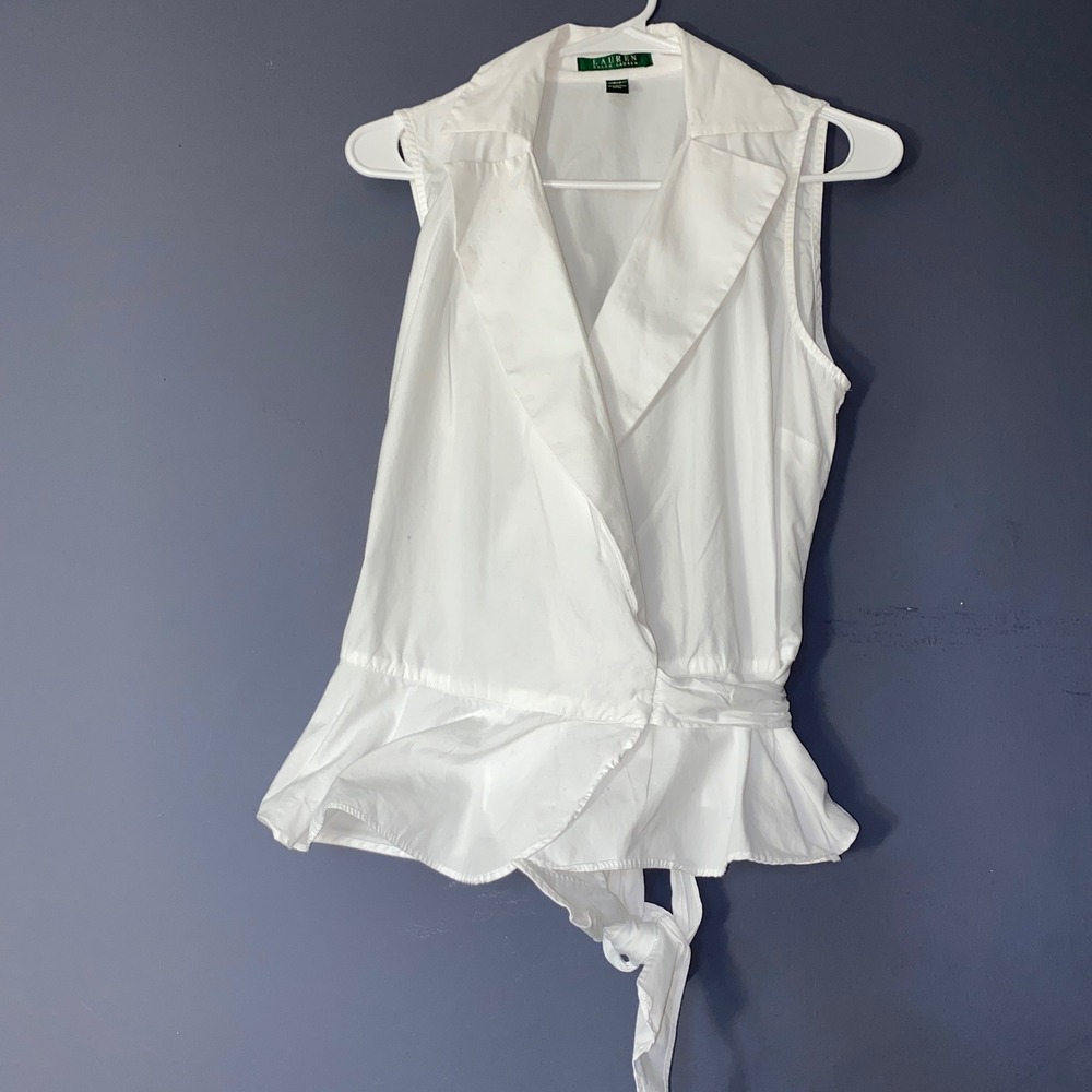 Lauren Ralph Lauren Wrap Top Womens M White Sleeveless Peplum Cotton Tie Preppy